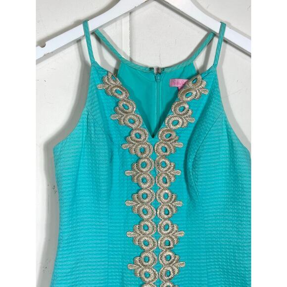 Lilly Pulitzer Pearl Shift Dress Size 00 Seaside Aqua &‎ Gold Metallic Preppy - Picture 4 of 12